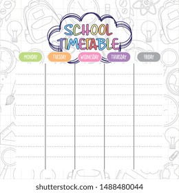 school timetable over school supplies drawing. Vector illustration