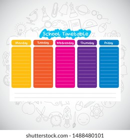 school timetable over school supplies drawing with rainbow colors. Vector illustration