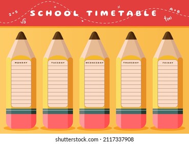 School Timetable With Pencils. Lessons Weekly Planner. Child And Academic Template. Vector Illustration.