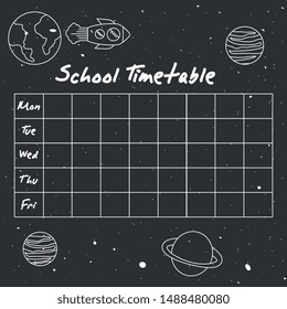school timetable with planets rocket and stars drawing over blackboard. Vector illustration