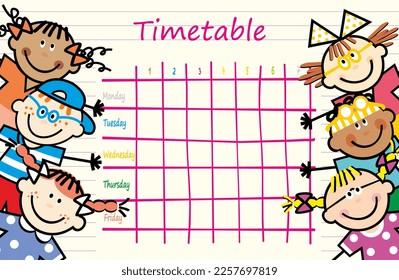 School timetable, planner, seven teaching hours, group of children on lined paper, vector illustration