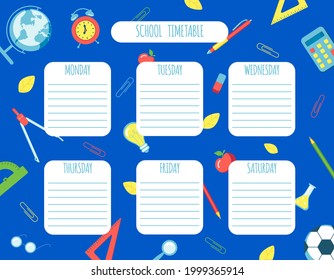 School timetable planner, school supplies on a blue background. Stock vector illustration. 