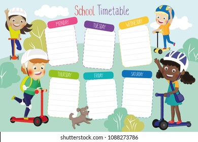 School Timetable Poster Template With Illustration Of Smiling Children