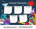 School Timetable poster template with sticker notes for subjects. Weekly planner or daily timetable of the week. Schedule organizer decorated with popular school stuff and symbols. Vector Illustration