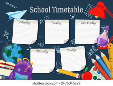 Plantilla de afiche de horario escolar con notas adhesivas para los temas. Planificador semanal o horario diario de la semana. Organizador de horarios decorado con material escolar y símbolos populares. Ilustración vectorial