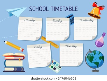 School Timetable poster template with sticker notes for subjects. Weekly planner or daily timetable of the week. Schedule organizer decorated with popular school stuff and symbols. Vector Illustration