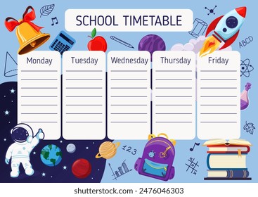 Plantilla de afiche de horario escolar con notas adhesivas para los temas. Planificador semanal o horario diario de la semana. Organizador de horarios decorado con material escolar y símbolos populares. Ilustración vectorial