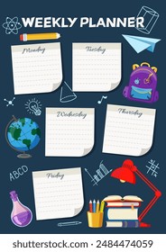 School Timetable poster template with sticker notes for subjects. Weekly planner or daily timetable of the week. Schedule organizer with popular school stuff and symbols. Vector Illustration.