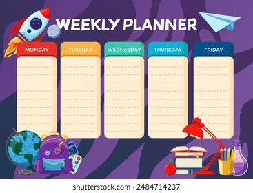 School Timetable poster template with sticker notes for subjects. Weekly planner or daily timetable of the week. Schedule organizer with popular school stuff and symbols. Vector Illustration.