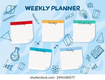 School Timetable poster template with sticker notes for subjects. Weekly planner or daily timetable of the week. Schedule organizer with popular school stuff and symbols. Vector Illustration.