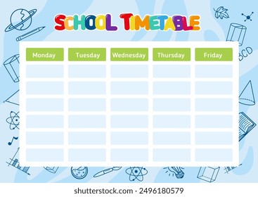 Plantilla del cartel del horario escolar con notas adhesivas para las asignaturas. Planificador semanal o horario diario de la semana. Organizador de horarios con cosas y símbolos populares de la escuela. Ilustración vectorial.