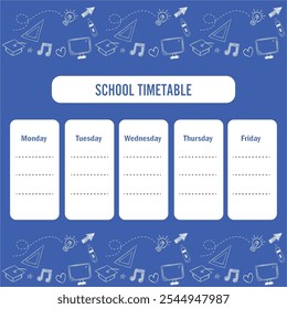 School Timetable poster template with sticker notes for subjects. Weekly planner or daily timetable of the week. Schedule organizer decorated with popular school stuff and symbols. Vector Illustration