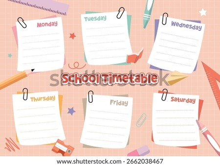 School Timetable poster template with sticker notes for subjects. Weekly planner or daily timetable of the week. Schedule organizer with popular school stuff and symbols. Vector Illustration