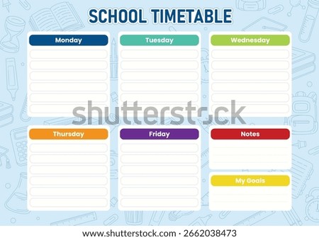 School Timetable poster template with sticker notes for subjects. Weekly planner or daily timetable of the week. Schedule organizer with popular school stuff and symbols. Vector Illustration