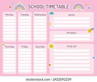 School timetable, printable weekly planner for kids. Lessons, class planning, notes, goals, to do list. Kids schedule design template. Pink weekly planner for girl with rainbow, star. Back to school.