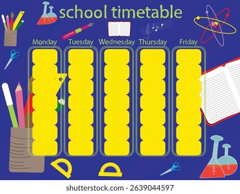 school timetable with school related icons; timetable school , planner , note paper, weekly schedule, organiser, with blue background , template, vector