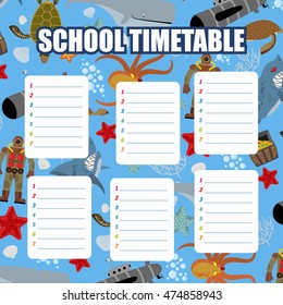 School timetable. Schedule. Back to academy. Underwater World: Shark and Whale. Diver and turtle. Submarine and corals
