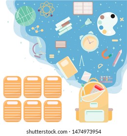 School timetable schedule back to school. Copyspace Template school timetable for students or pupils with days of week and free spaces for notes. school subjects and suplies