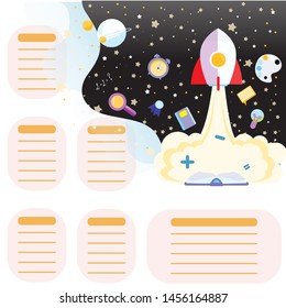 School timetable schedule back to school. Place for your text. Template school timetable for students or pupils with days of week and free spaces for notes.Space background with stars and school subje