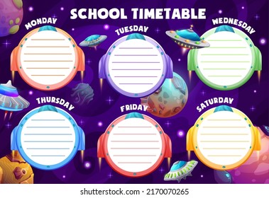 Calendario escolar, caricaturas galaxiales, naves espaciales y starcraft, planificación semanal de educación vectorial. Horario escolar para niños y horario de clases con OVNI alienígena y planetas espaciales galácticos