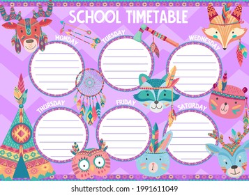 School timetable schedule with cartoon indian animals. Vector student education planner, study plan and weekly time table of pupil classes with birds and animals, indian feathers, arrows and tomahawk