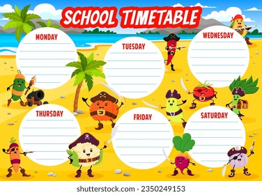 School timetable schedule, cartoon vegetable pirate corsair characters, vector weekly planner. Carrot pirate captain, tomato with filibuster sword or spinach with treasure chest on timetable schedule
