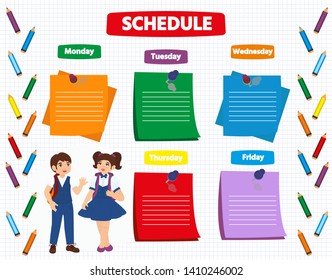 School timetable schedule with a cute happy schoolgirl and schoolboy. Vector illustration. Colorful template for advertising brochure,  poster. 