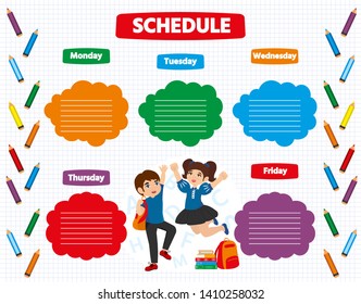 School timetable schedule with a cute happy schoolgirl and schoolboy. Vector illustration. Colorful template for advertising brochure,  poster. 