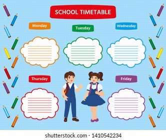 School timetable schedule with a cute happy schoolgirl and schoolboy. Vector illustration. Colorful template for advertising brochure,  poster. 
