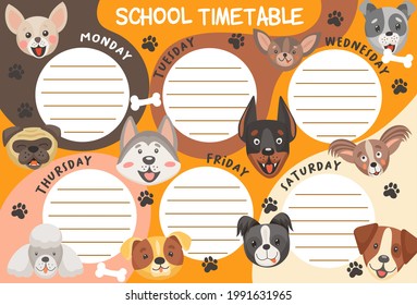 School timetable schedule dogs and puppies. Education vector weekly planner template with cute cartoon characters. Kids time table for lessons with frames for classes list and funny doggy muzzles