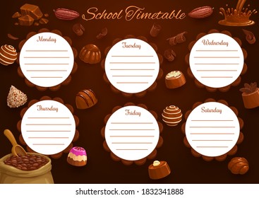 Calendario o horario escolar, plantilla de vector educativo con fondo de chocolate. Plan de estudio para estudiantes, diagrama de lección de planificador semanal de alumnos de primaria con salpicaduras de chocolate, rizos, caramelos