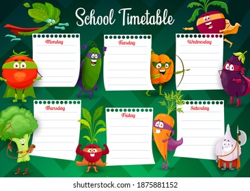 School Timetable Schedule Of Education Vector Template With Superhero Vegetable Characters. Study Plan, Lesson Chart Or Weekly Planner Of Elementary School And Preschool Students With Cartoon Veggies