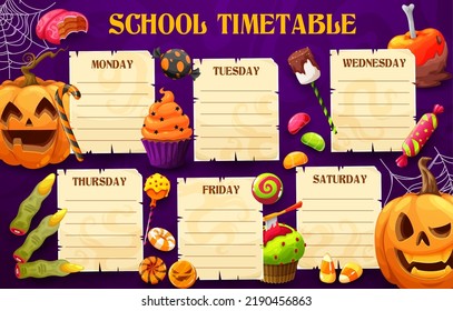 School timetable schedule. Halloween cartoon holiday pumpkins, sweets and candies vector background frame of student week calendar. Trick or treat food education plan or planner with lollipops