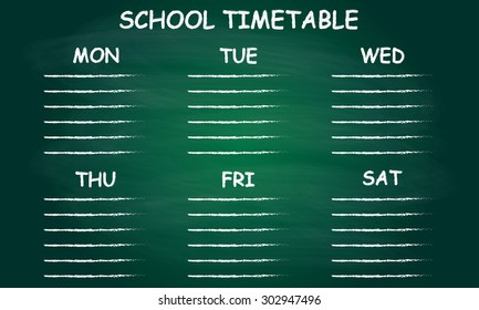 School timetable or schedule isolated on blackboard. Vector illustration of green classroom chalkboard.