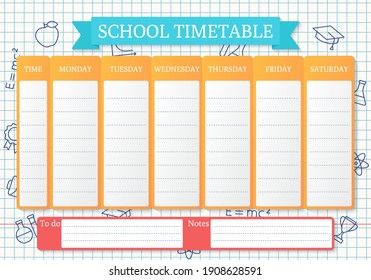 School timetable. Schedule for kids. Student plan template on checkered paper with linear school icons. Weekly time table with lessons. Vector illustration. Educational classes diary on English, A4. 