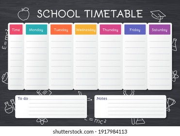 School timetable. Schedule for kids. Student plan template on blackboard with outline school icons. Weekly time table with lessons. Vector illustration. Educational classes diary on English, A4. 