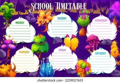 School timetable schedule, magic alien trees and plants in fantasy forest, vector education plan. Kids school timetable or lesson schedule with cartoon luminous trees or mushrooms in fairy tale forest