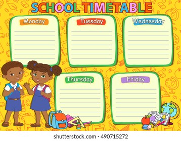 Horario escolar con alumno de Ilustración vectorial africana.