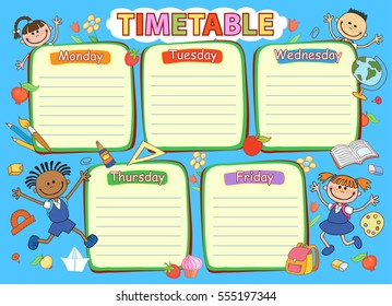 School timetable schedule, pupil tools colorful vector illustration.