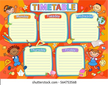 School Timetable Schedule, Pupil Tools Colorful Vector Illustration.