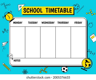 School Timetable schedule with stationery education symbol blue background.