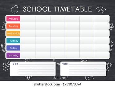 School timetable. Schedule template for kids. Student plan on blackboard with lessons. Weekly time table with outline school icons. Vector illustration. Educational classes diary on English, A4. 