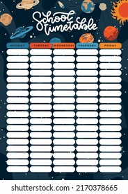 School timetable sheet template. Childish printable galaxy weekly planner for kids, solar system with stars on dark background. Fantasy galaxy organizer with planets. Flat hand drawn vector design.
