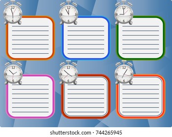 School timetable for six days with alarms showing different times on a blue background
