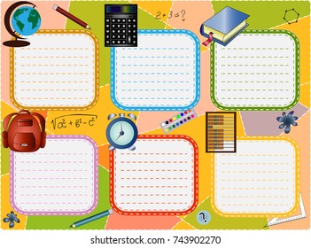 School timetable for six days with school supplies on a multi-colored background