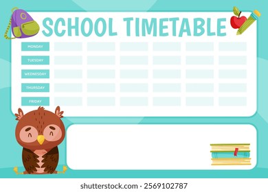 School Timetable with Smart Owl Character as Forest Animal Vector Template