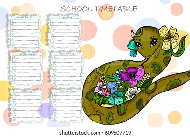 School Timetable with snake. Schedule. Organizer and Schedule with place for Notes