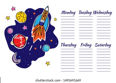 School Timetable space graphic. Doodle rocket and planets. Vector illustration