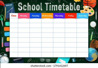 School timetable with stationery, tools and bookmarked planner vector template. Student education weekly schedule, timetable with textbook, painting palette, lab flask and chalk sketches on blackboard