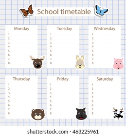 school timetable with stickers of animals on the background of notebook sheet in a cage